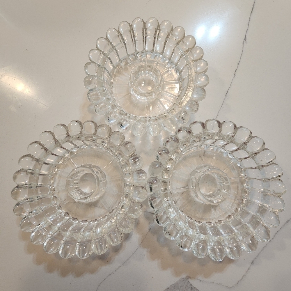 Vintage Pressed Glass Boopie Candle Stick Holders, set of 3.